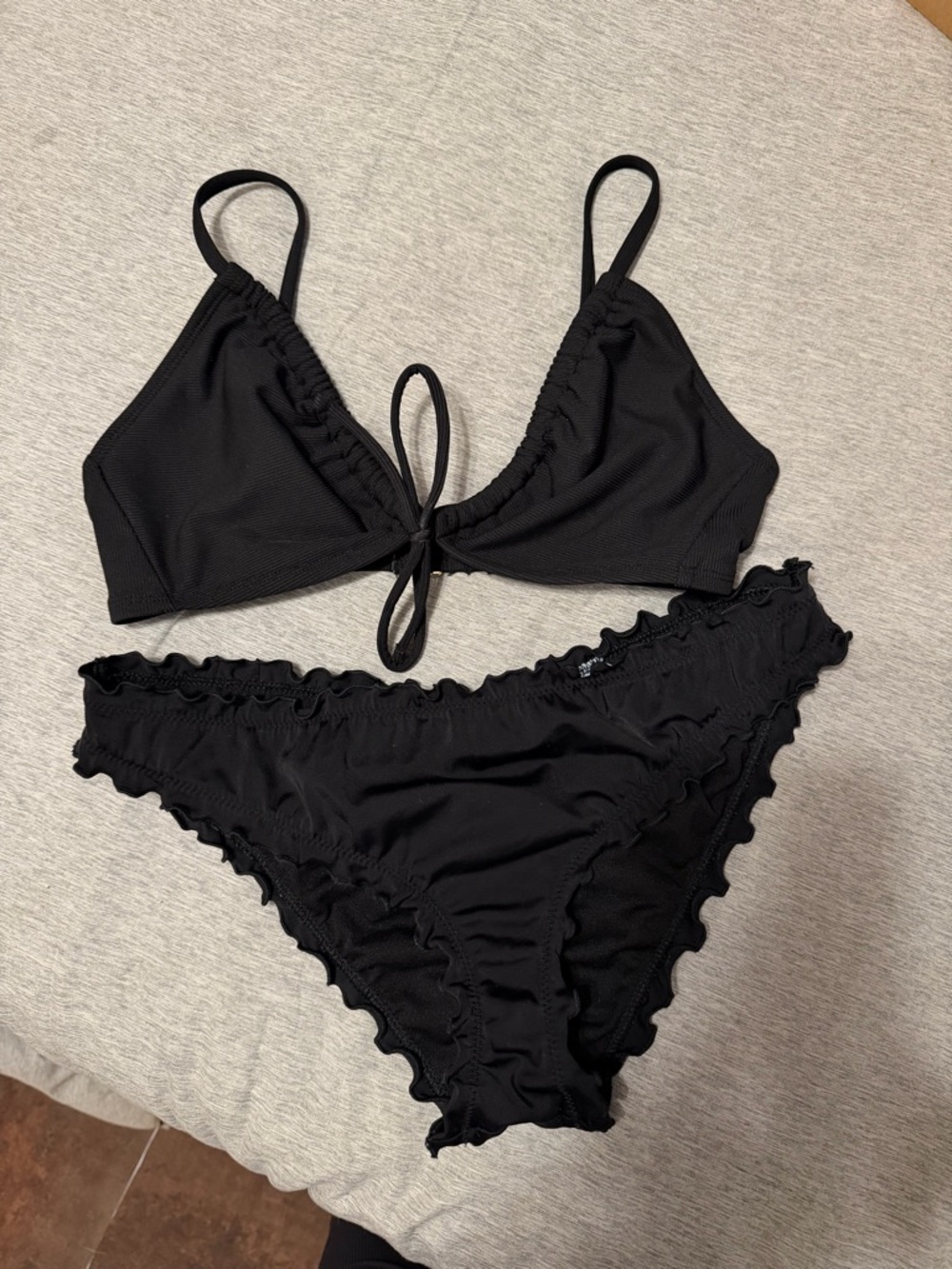 Black Ruffle Triangle Bikini Set - Women's Swim